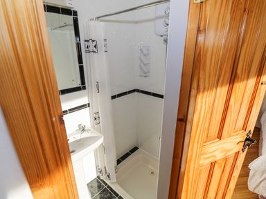 A small bathroom with a shower area a white sink a mirror and a wooden door at Castle Demesne House Clifden County Galway