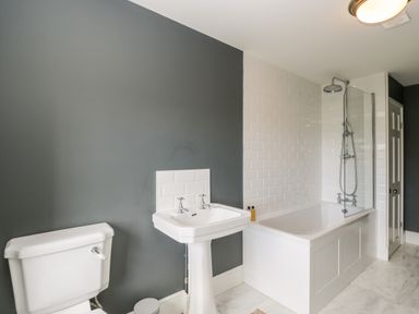 A bathroom with a white toilet sink and bathtub with a shower at Rockstowes House Uley near Dursley