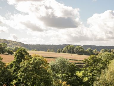 A landscape with trees in the foreground and rolling fields with hedges under a partly cloudy sky at Rockstowes House in Uley near Dursley