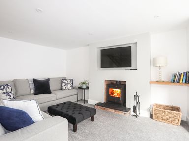 A living room with a grey sofa a black ottoman a fireplace with a wood-burning stove a television a lamp books and a wicker basket at Bodwena in Moelfre