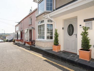 Exterior view of a row of houses along a street with potted plants by a front door at Bodwena in Moelfre