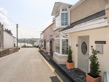 A street view showing terraced houses with bay windows and potted plants at Bodwena in Moelfre