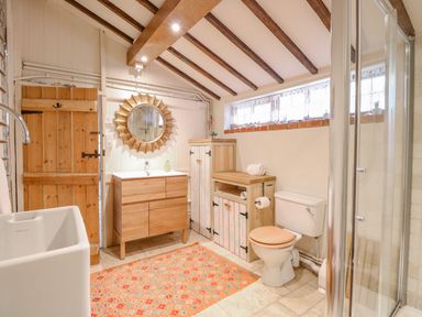 A bathroom with wooden cabinets a mirror a toilet a shower and a sink at Manor Farm House in Bacton