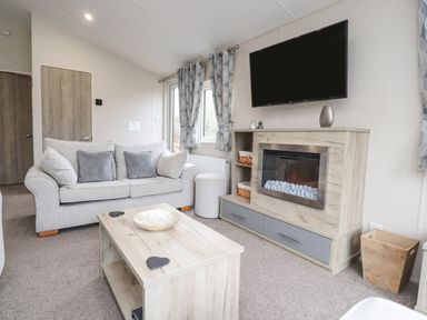 A living room with a sofa coffee table fireplace and television at Fountain View in Warton near Carnforth