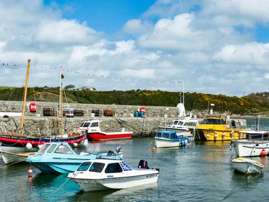 A harbor with multiple boats floating on water and a stone wall with benches in the background at Parys Pod in Amlwch