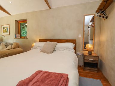 A bedroom with a bed and mirror at Brambly Cabin in Crediton