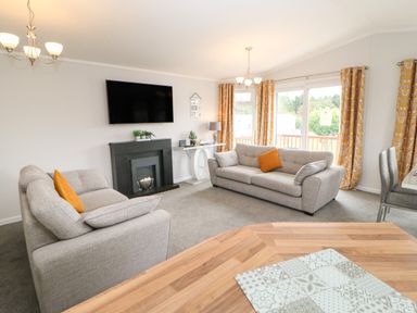 A living room with two grey sofas, a wall-mounted TV, a black fireplace, plants, and yellow patterned curtains at Mildred's Lodge in Felton
