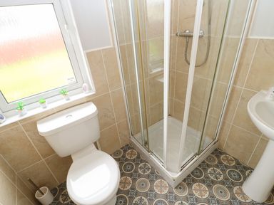 A bathroom with a toilet, a corner shower enclosure, and a pedestal sink at Mildred's Lodge in Felton