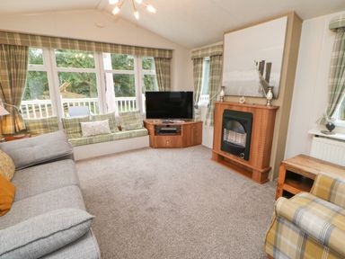 A living room with a grey sofa a fireplace a TV on a wooden corner unit and window seating with green plaid cushions at Hedgehog Retreat in Felton