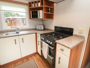 A kitchen with a gas stove oven microwave toaster sink and countertop at Hedgehog Retreat in Felton