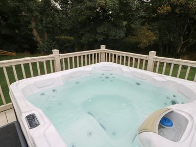 A white outdoor hot tub filled with water on a deck with beige railing and trees in the background at Hedgehog Retreat in Felton