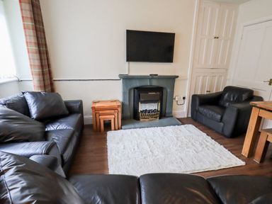 A living room with black leather sofas a wall-mounted TV a fireplace white rug and wooden nesting tables at 6 Calgarth View in Windermere