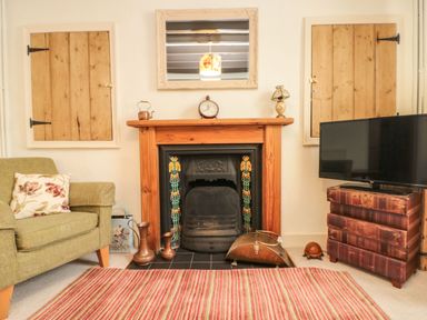 A living room with a fireplace two wooden shuttered windows a green armchair a television on a book stack and a striped rug at 12 Castlegate in Pickering
