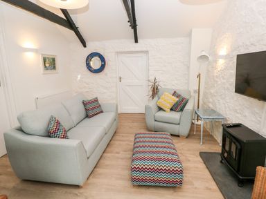 A living room with a sofa armchair ottoman television and stove at Bluebell Cottage Jameston near Manorbier
