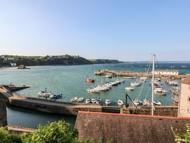 A harbor with many boats docked and a breakwater by the sea with cliffs in the background at Bluebell Cottage Jameston near Manorbier