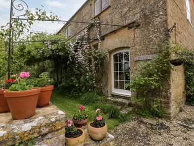 Exterior of a stone cottage with windows climbing plants and flower pots at Ham cottage East Lambrook near South Petherton