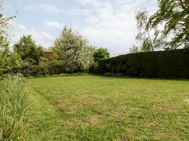 A garden with a lawn surrounded by trees and hedges at Ham cottage in East Lambrook near South Petherton