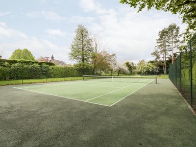 An outdoor tennis court surrounded by trees and a hedge at Ham cottage in East Lambrook near South Petherton