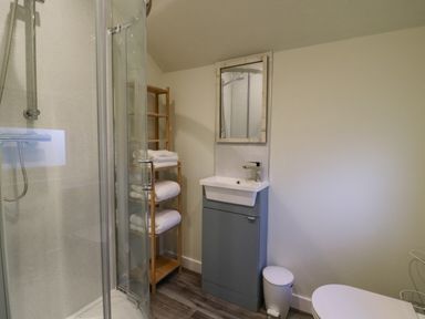 A bathroom with a glass shower enclosure wooden shelving unit with towels a sink with cabinet and mirror and a toilet at Pheasant in Bedale