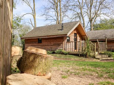 A wooden cabin with a small porch and steps surrounded by trees and grass at Pheasant in Bedale