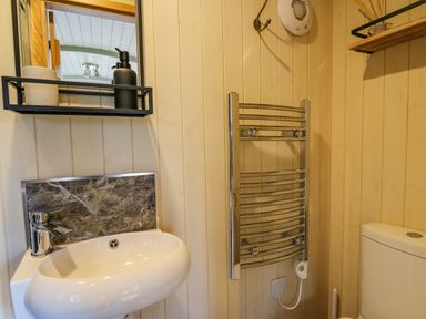 A bathroom with a sink and mirror above it a heated towel rail and a toilet at Poppy St Harmon near Rhayader