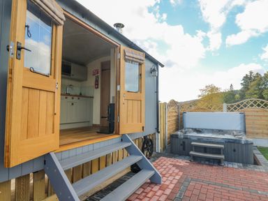 An outdoor area with wooden steps leading to a small kitchen inside a cabin and a hot tub on a brick patio at Poppy in St Harmon near Rhayader