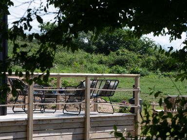 An outdoor wooden deck with chairs and a table surrounded by greenery at Galwad y Mor in Niwbwrch newborough