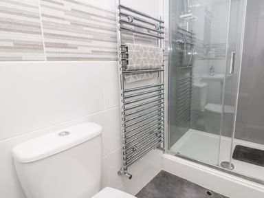 A bathroom with a toilet a chrome towel rail with a towel and a glass enclosed shower at Gwyder in Penmaenmawr