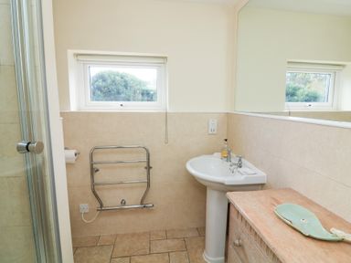 A bathroom with a sink and shower at Wayside near Kingsbridge