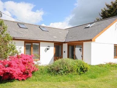 A white house with wooden framed windows and doors pink flowers and green bushes in front at Lambley View in Bude