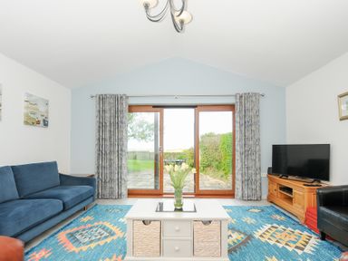 A living room with a blue couch a white coffee table a television on a wooden stand and sliding glass doors opening to a garden at Lambley View in Bude