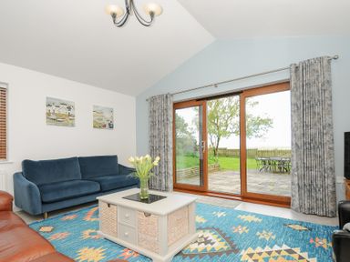 A living room with a blue sofa a patterned rug a white coffee table and sliding glass doors leading to a garden at Lambley View in Bude