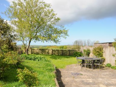 A garden with a tree a metal outdoor table with six chairs and a wooden fence at Lambley View in Bude