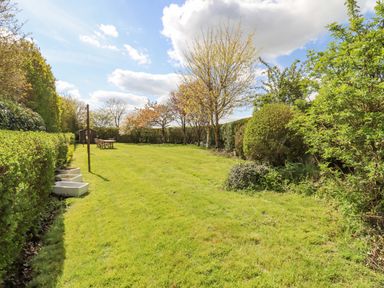 A large grassy garden with trees benches and hedges at 5 Packhorse in Purton