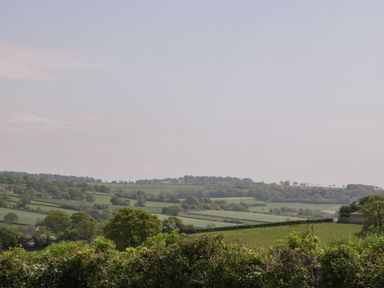 A countryside landscape with rolling green fields and trees at The Hayloft in Stockland Honiton