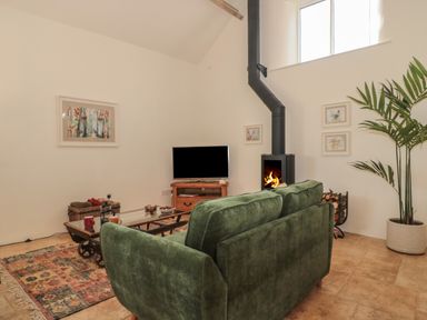 A living room with a green sofa a glass coffee table a wood burning stove a television and a potted plant at The Hayloft in Stockland Honiton