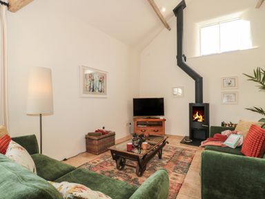 A living room with green sofas a wood burning stove and a glass coffee table at The Hayloft in Stockland Honiton