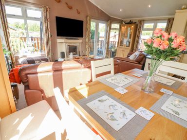 A living room and dining area with leather sofas a dining table with placemats and a vase of roses a wall-mounted television and windows at Mallard Lodge in Carnforth
