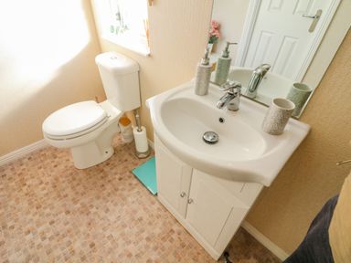A bathroom with a toilet and a sink with soap dispensers at Mallard Lodge in Carnforth