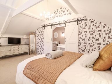 A bedroom with a bed and pillows a chandelier a tv on a dresser a full-length mirror and sliding doors leading to a bathroom at Tower End Cottage in Melton