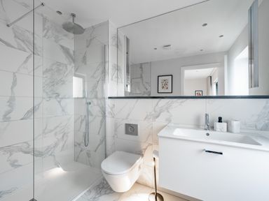 A bathroom with a shower area toilet sink and mirror at Porth Beach Villa Porth near Newquay