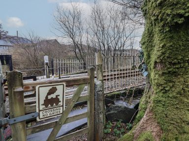 A wooden gate with a train crossing warning sign near railway tracks and a moss-covered tree at Quarry Cottage in Blaenau Ffestiniog