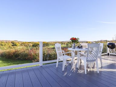 An outdoor deck with a table and four chairs and flowers on the table near a barbecue grill at Cherry Lodge in Teigngrace near Newton Abbot