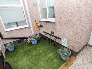 An outdoor area with artificial grass pots with flowers a bicycle rack and a hose reel at Bonnies Retreat in Amble