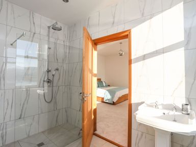 A bathroom with a shower area and a sink next to a wooden door leading to a bedroom at Bryn Mel Manor Straits View Menai Bridge