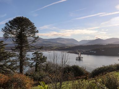 A large tree and other vegetation overlooking a body of water with a pier extending into it and mountains in the background at Bryn Mel Manor Straits View Menai Bridge