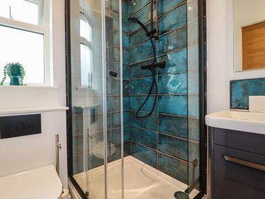 A bathroom with a glass shower enclosure with blue tiles a toilet and a sink with a mirror at Pheasant View in Penelewey near Carnon Downs