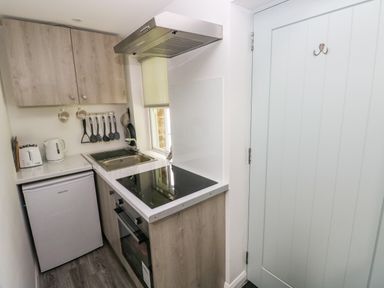 A small kitchen with wooden cabinets a sink an electric stove a fridge a toaster a kettle and cooking utensils hanging on the wall at Ty Rhydd in Newport Pembrokeshire
