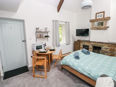 A small room with a bed, wooden table and chairs, microwave, TV, and a window at Ty Rhydd in Newport Pembrokeshire
