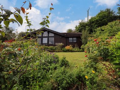 A garden with bushes and flowers in front of a wooden house at Greengarth in Yanwath near Penrith